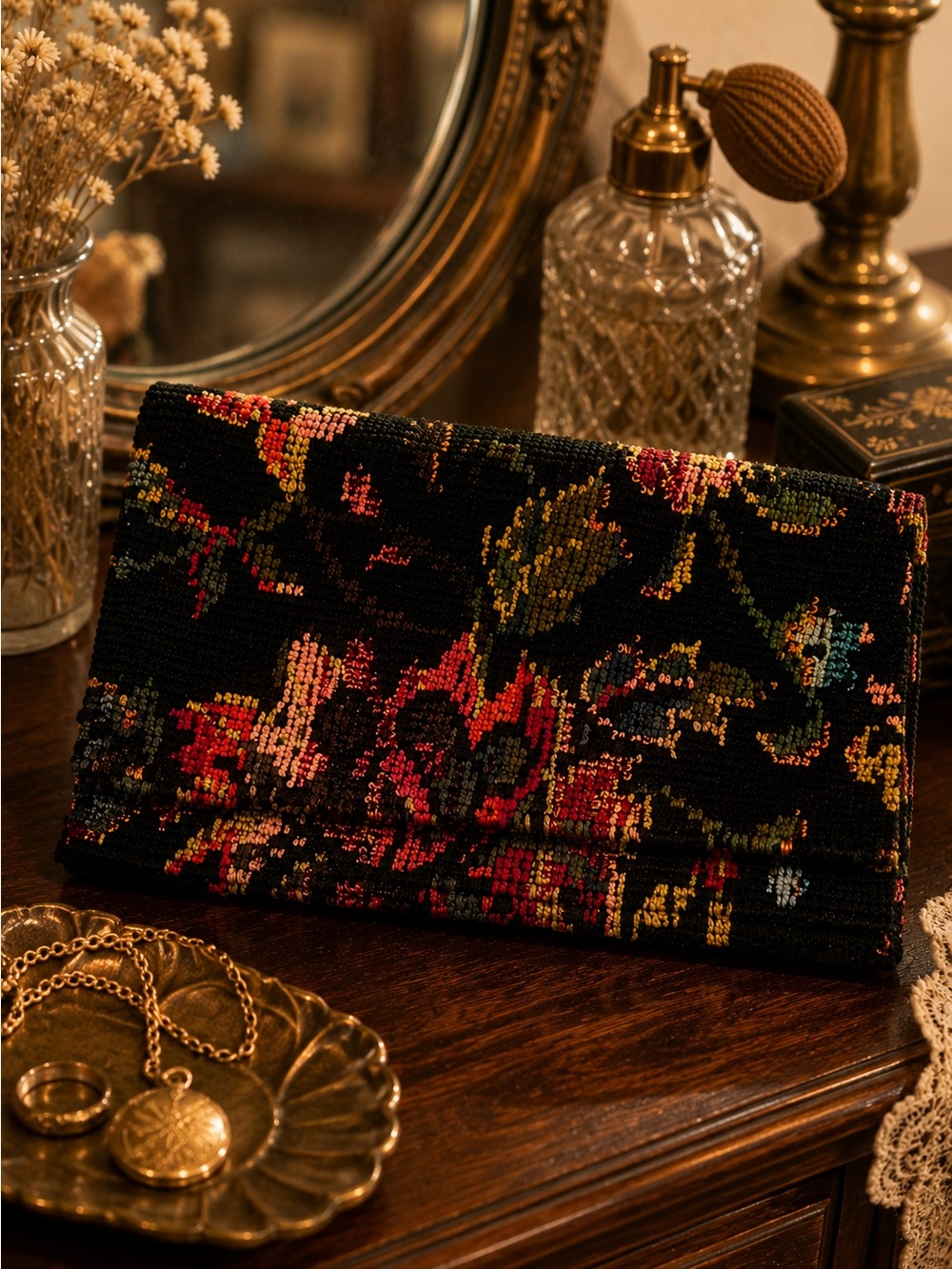 Vintage 60s 70s Floral Needlepoint Tapestry Foldover Clutch Purse